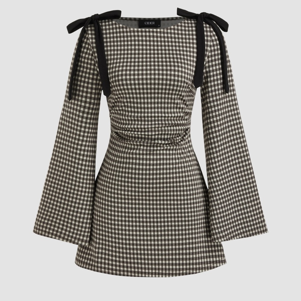 NWT CIDER COTTON BLEND KNIT BOAT GINGHAM Long Sleeve Dress WITH BOW DETAIL